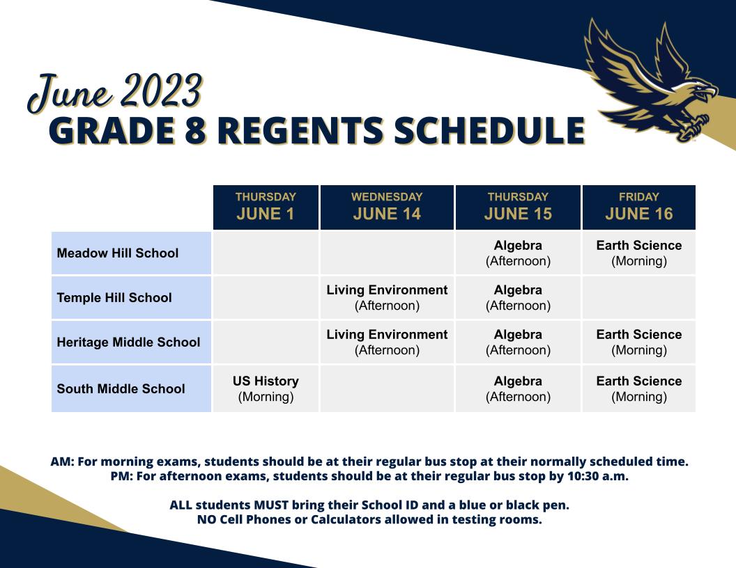 High School & Grade 8 June 2023 Regents Schedule Available Newburgh